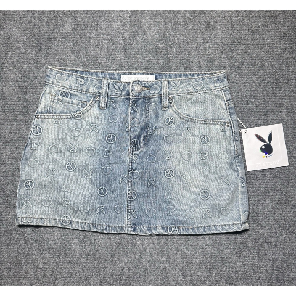 Playboy Bunny Jean Denim Skirt Women Sz 7 Bunny Peace Love AOP 29 Waist NEW NWT